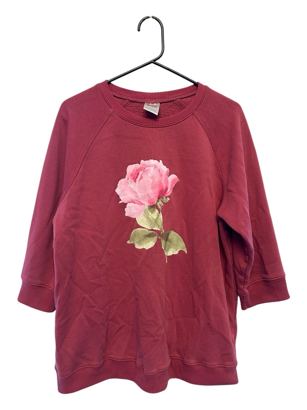 Blair Maroon Scoop Neck 3/4 Sleeve Sweatshirt with Pink Rose Print Large